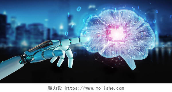 模糊背景下的机器人在数字大脑中创建人工智能3d思维提高记忆力大脑思考机器人思考